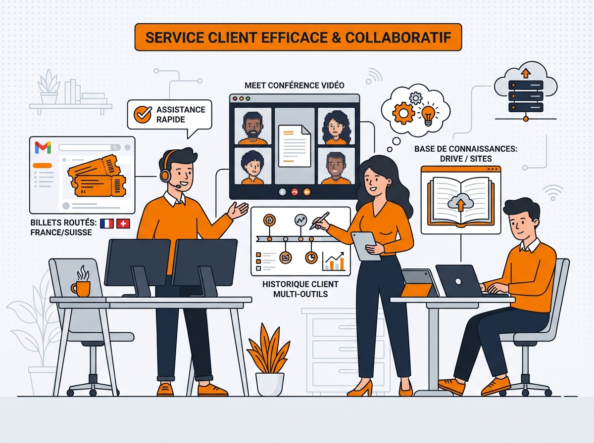 Scénario 3 : Support client multi-pays - tickets Gmail, base de connaissances Drive et visio Meet